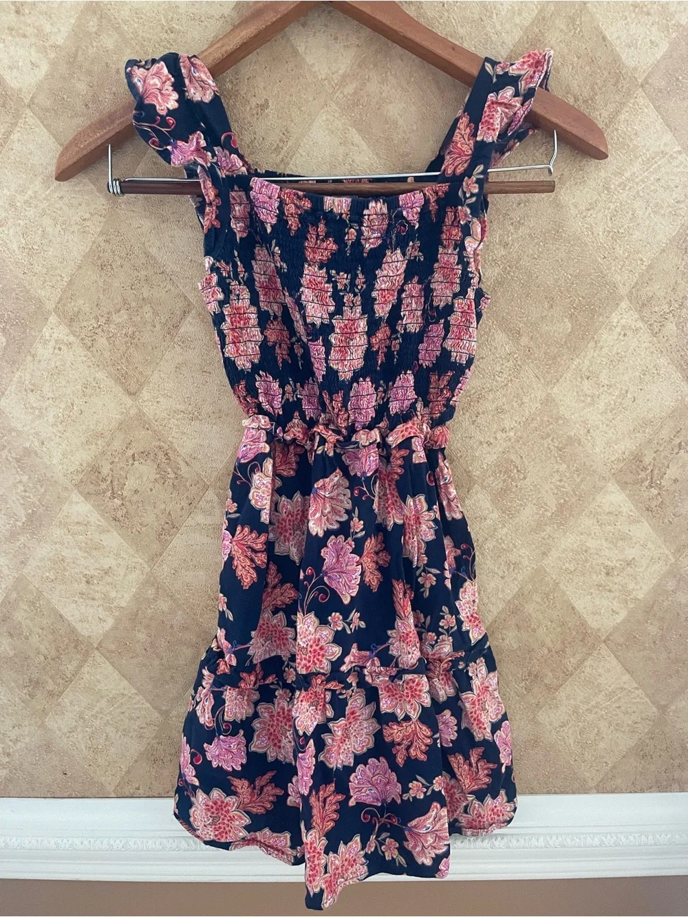 Old Navy Girls Floral Smocked Sundress Size Large 10-12 Navy Pink Tiered Dress
